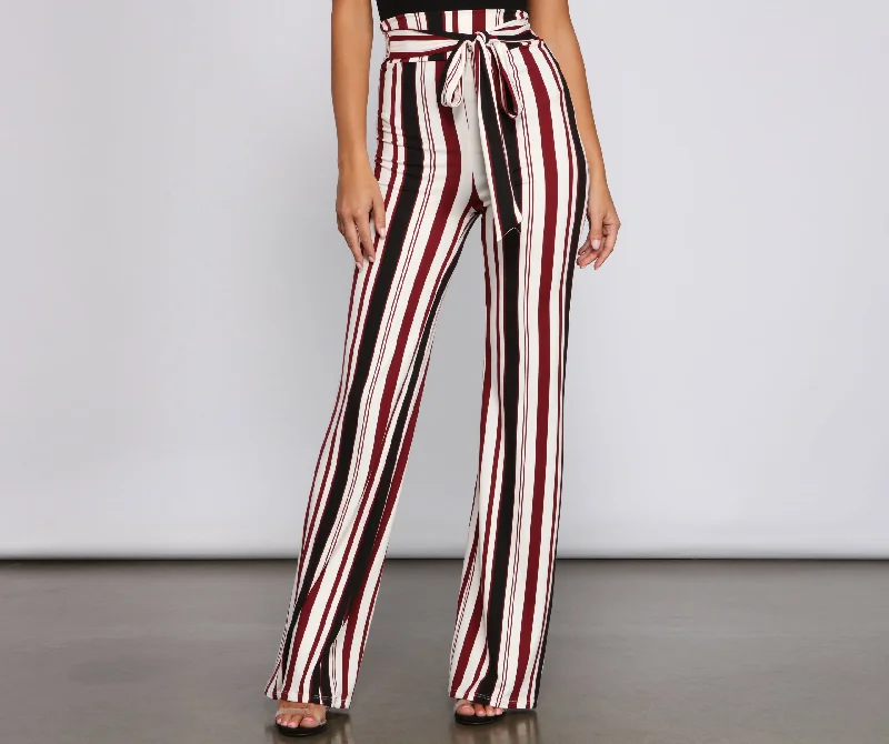 Striped And Stylish Tie-Waist Pants Trendy Tapered Pants