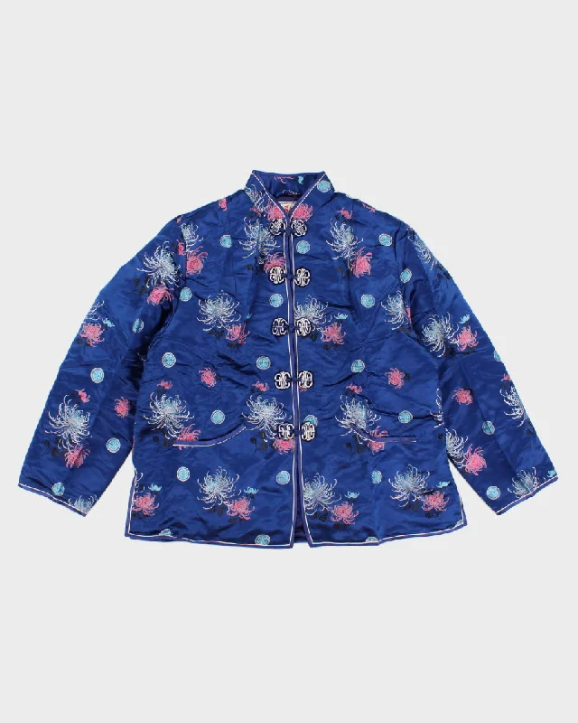 Vintage Women's Blue satin Mandarin collar Jacket - M Boat Neck Shawl Collar Notched Collar Vintage Women's Blue satin Mandarin collar Jacket - M Boat Neck Shawl Collar Notched Collar