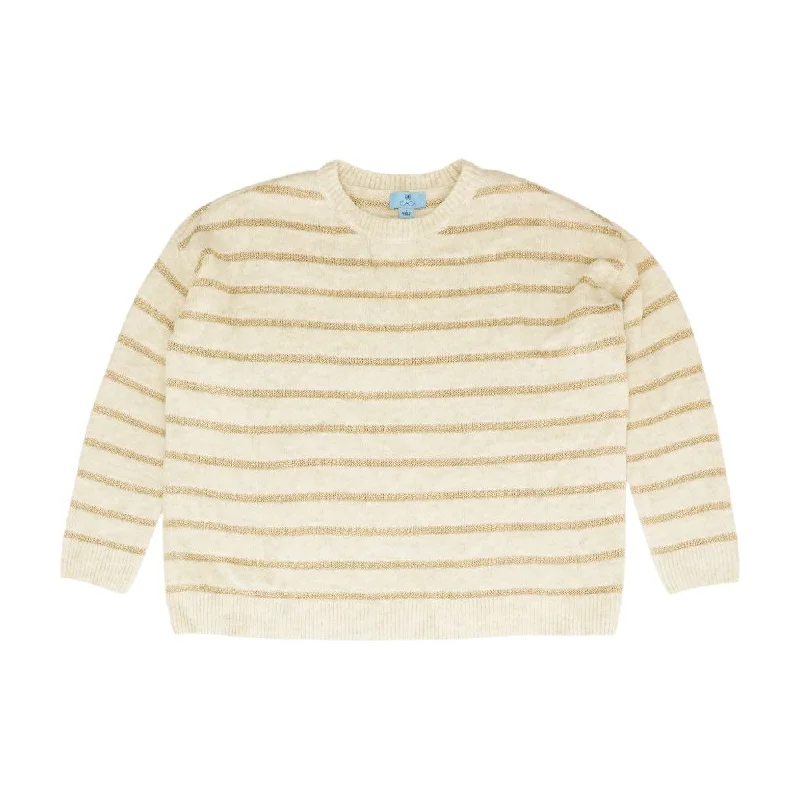 Beige Striped Crewneck Sweater Zippered Buttoned Snapped