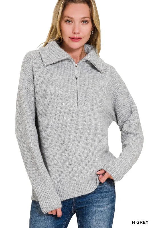 Zip It Up High Collar Heather Grey Sweater Ribbed Striped Patterned