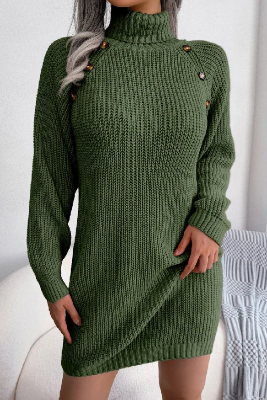 Cozy Winter Button Trim Ribbed Turtleneck Sweater Mini Dress - Army Green Herringbone Houndstooth Plaid Cozy Winter Button Trim Ribbed Turtleneck Sweater Mini Dress - Army Green Herringbone Houndstooth Plaid