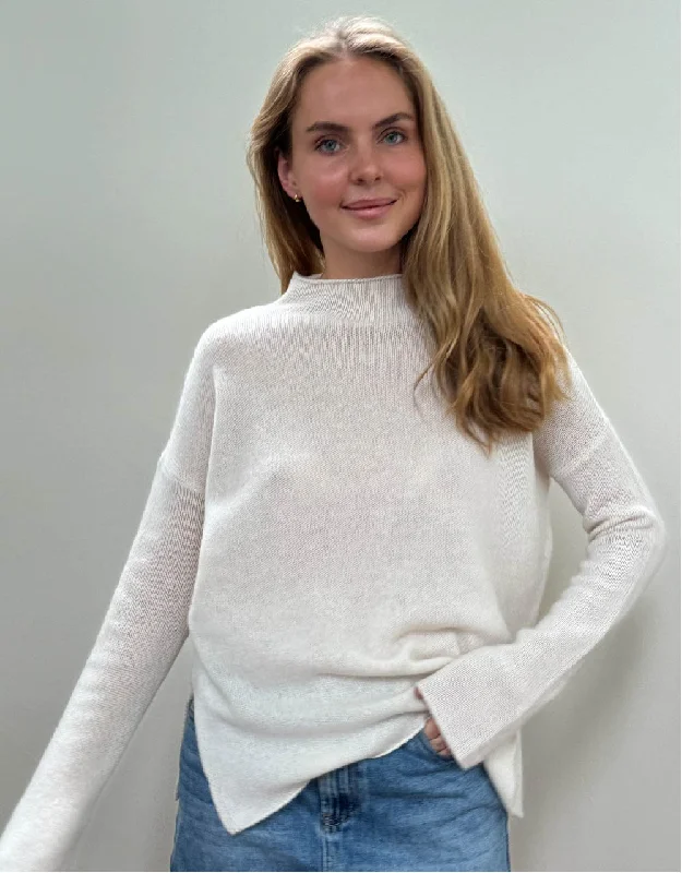 Bella Sweater in White Satin Blend Silk Blend Wool Blend