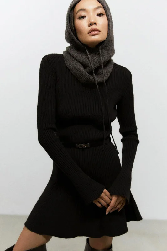 Chic High Neck Flared Long Sleeve Rib Knit Winter Sweater Mini Dress - Black Handmade Hand-knitted Hand-woven Chic High Neck Flared Long Sleeve Rib Knit Winter Sweater Mini Dress - Black Handmade Hand-knitted Hand-woven