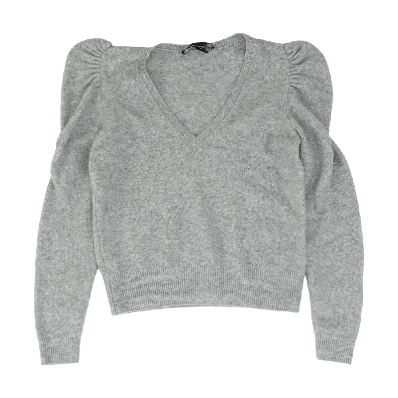 Gray Solid V-Neck Sweater Terry Terry Cloth Terry Knit