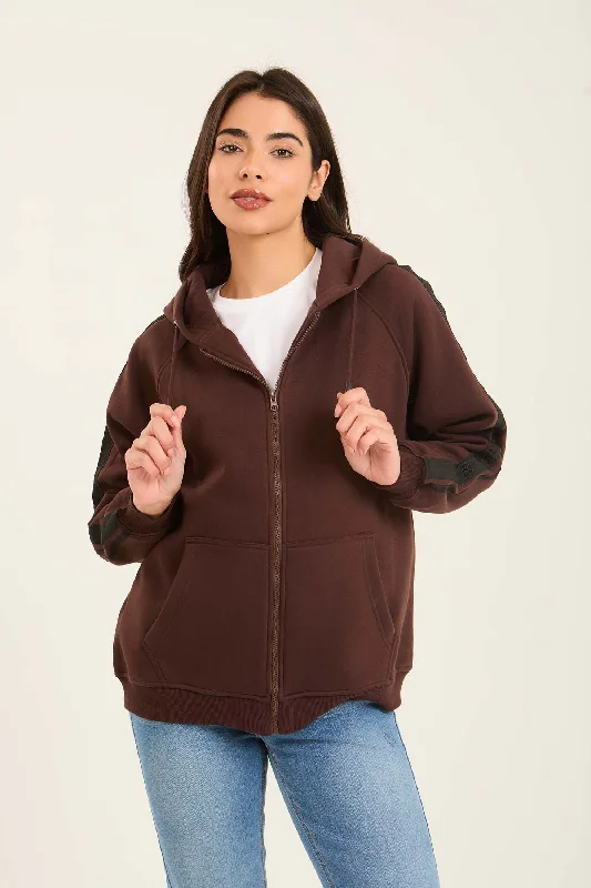 Women Sweat Jacket  Loose Brown Welt Pockets Slit Pockets Flap Pockets
