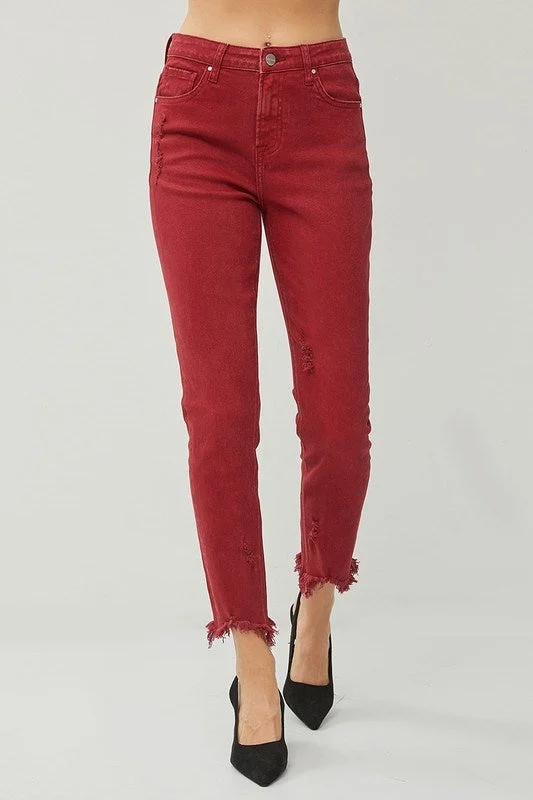 RISEN High Rise Crop Skinny Fray Hem Colored Pants Fashionable Sporty Pants