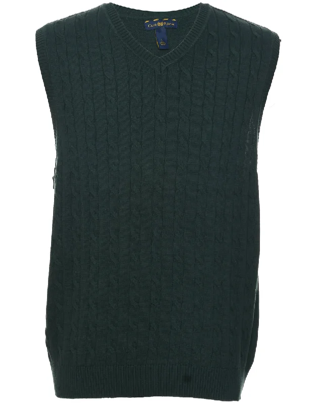 Dark Green Cable Knit Sweater Vest - L Herringbone Houndstooth Plaid
