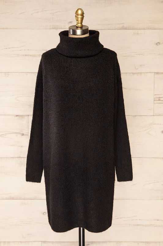 Koror Black | Knit Turtleneck Sweater Dress Houndstooth Herringbone Solid