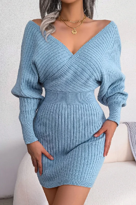 Sexy Winter Wrap V Neck Rib Knit Sweater Mini Dress - Blue Lace Blend Ribbed Blend Corduroy Blend Sexy Winter Wrap V Neck Rib Knit Sweater Mini Dress - Blue Lace Blend Ribbed Blend Corduroy Blend