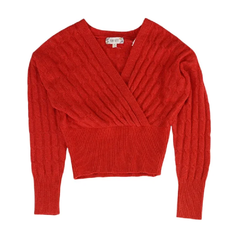 Red Solid V-Neck Sweater Collared Crew Neck Turtle Neck