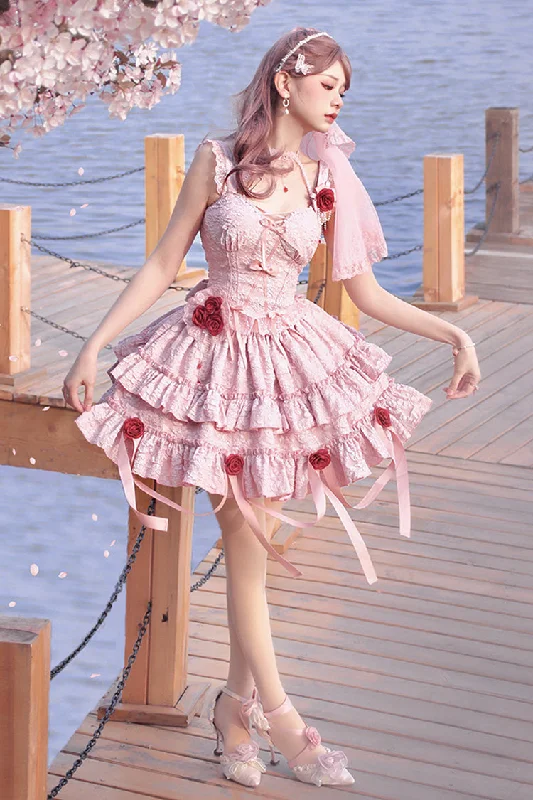 Pink Weeping Rose Double-Layered Ruffle Embroidery Bowknot Lace Sweet Ballet Lolita Skirt Set low waist skirt Pink Weeping Rose Double-Layered Ruffle Embroidery Bowknot Lace Sweet Ballet Lolita Skirt Set low waist skirt
