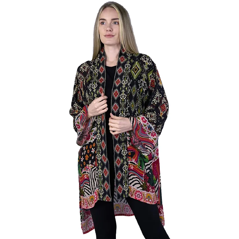 Women's Shana Apparel Kimono Jacket Black Multi Knit Fabric Woven Fabric Fleece Fabric Women's Shana Apparel Kimono Jacket Black Multi Knit Fabric Woven Fabric Fleece Fabric