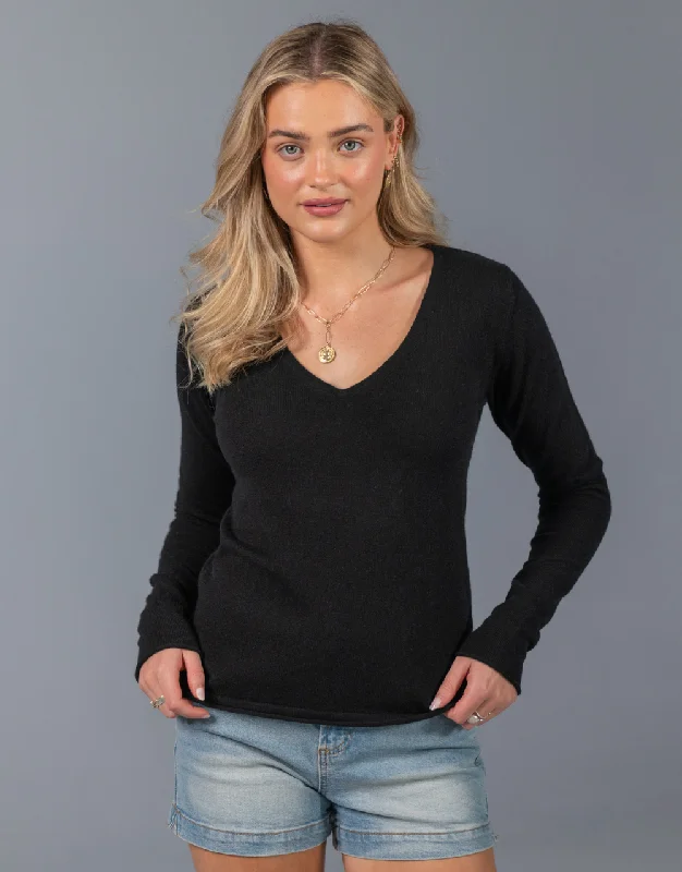 Cropped V Neck Cashmere Sweater in Black Boat Neck Shawl Collar Notched Collar