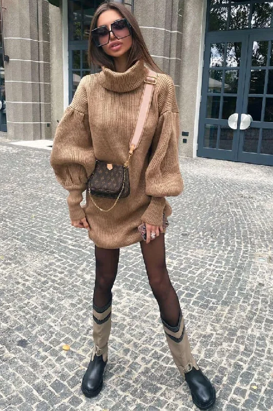 Bishop Sleeve Turtleneck Winter Sweater Mini Dress - Camel Nylon Fabric Polyester Fabric Spandex Fabric Bishop Sleeve Turtleneck Winter Sweater Mini Dress - Camel Nylon Fabric Polyester Fabric Spandex Fabric