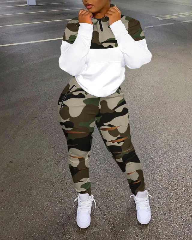 Camo Print Long Sleeve Top & Ladder Cutout Pants Set Relaxed High-Waist Trousers