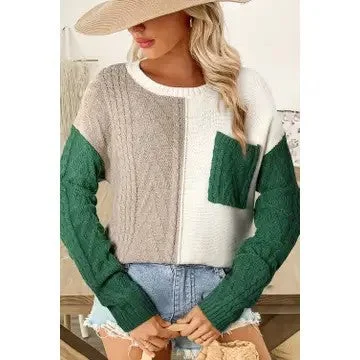 Pumpkin And Spice Color Block Green Patch Pocket Sweater Ribbed Striped Patterned