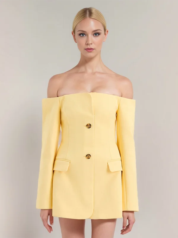 Women's Off-shoulder one-shoulder collar goose yellow suit jacket single-breasted mid-length dress Chenille Fabric Brocade Fabric Lace Fabric Women's Off-shoulder one-shoulder collar goose yellow suit jacket single-breasted mid-length dress Chenille Fabric Brocade Fabric Lace Fabric