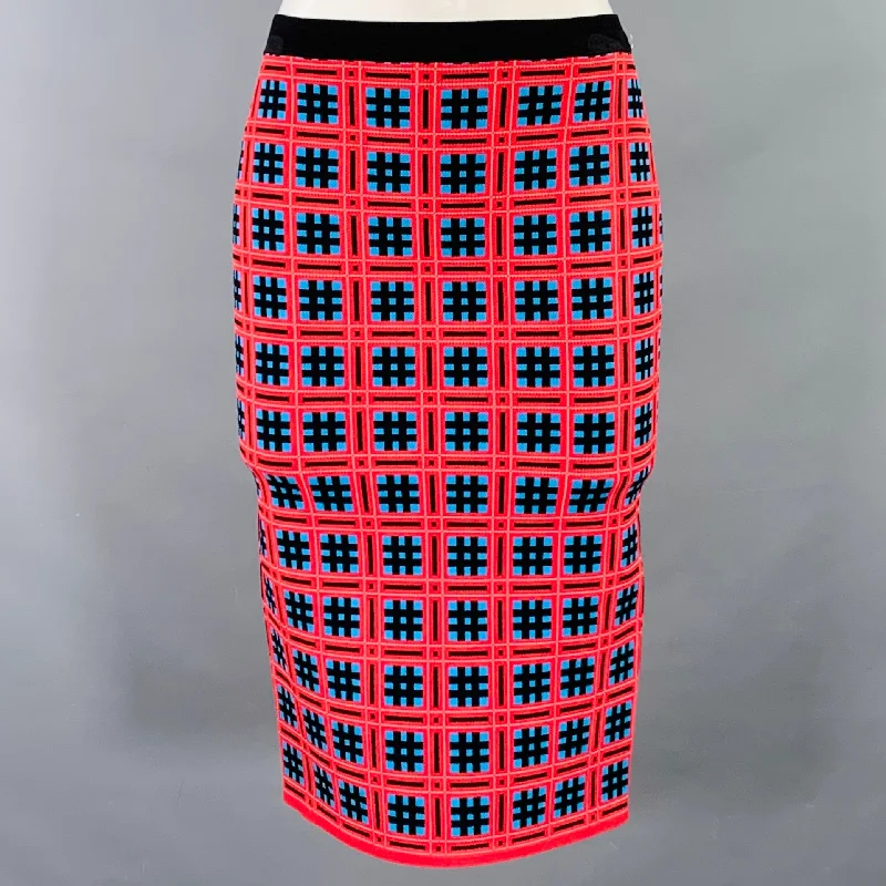 VERSACE Size S Red Blue Black Viscose Blend Geometric Pencil Knee Length Skirt leather skirt refined