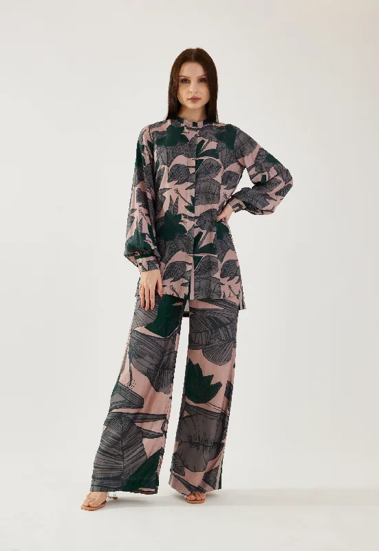 Beige, grey and green floral pants Casual Wide Pants