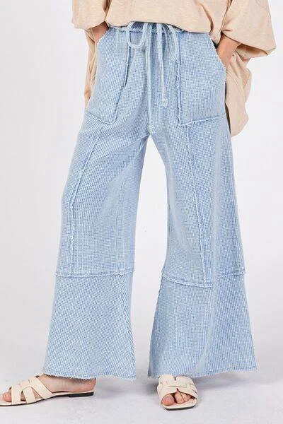 SAGE + FIG Waffle Textured Wide Leg Mineral Washed Pants Classic Stretch Pants