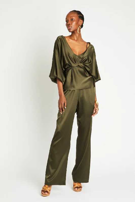 + Beryll Liz Silk Pants | Olive Relaxed Lounge Trousers