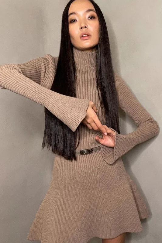 Chic High Neck Flared Long Sleeve Rib Knit Winter Sweater Mini Dress - Khaki Seamless Knitted Crochet Chic High Neck Flared Long Sleeve Rib Knit Winter Sweater Mini Dress - Khaki Seamless Knitted Crochet