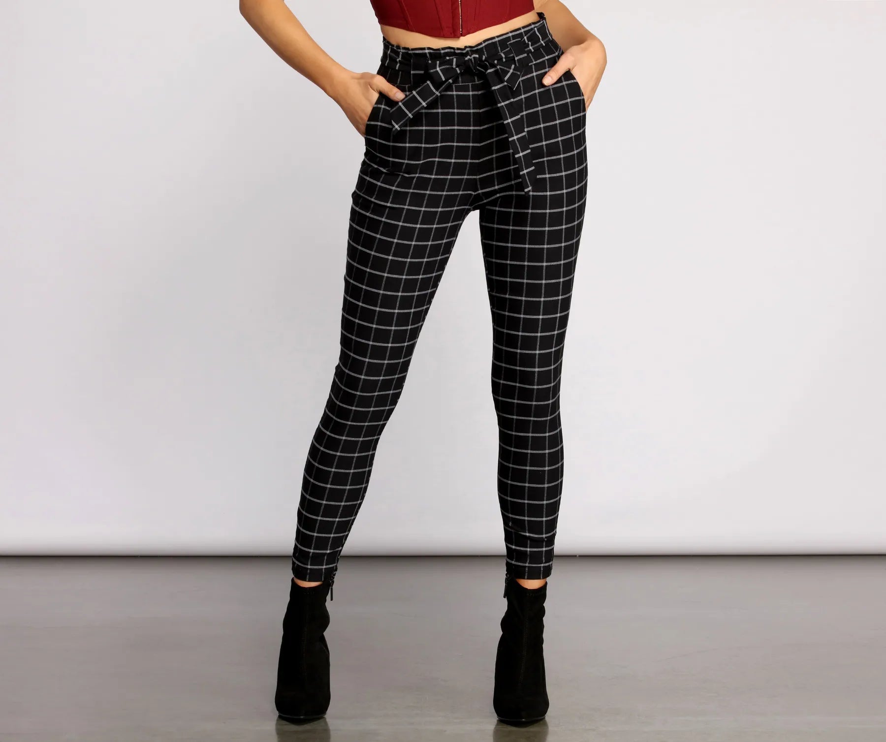 High Waist Paperbag Window Pane Pants Stylish Paperbag Waist Pants