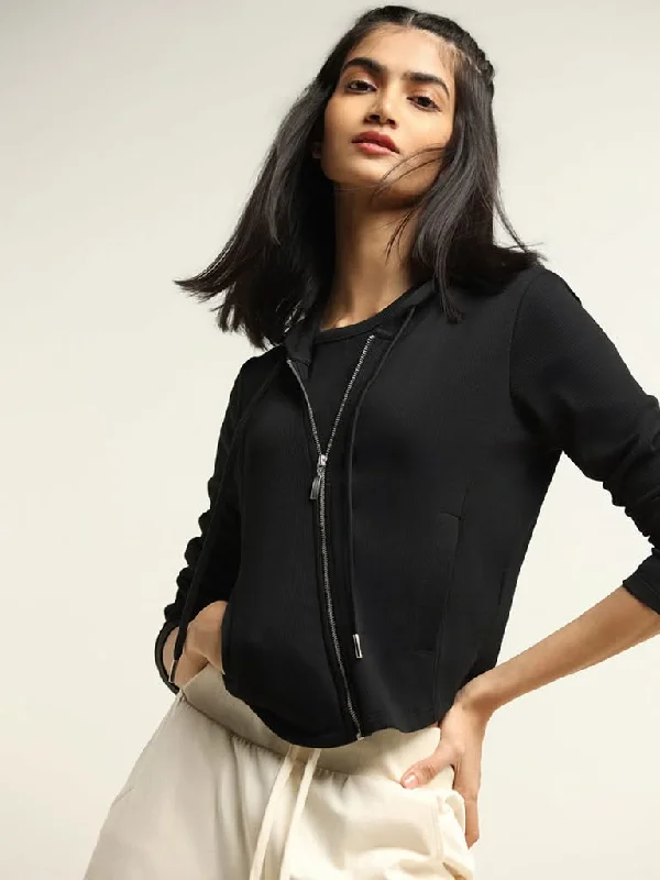 Studiofit Black Cotton Blend Hoodie Jacket Faux Fur Jacket Real Fur Jacket Shearling Jacket