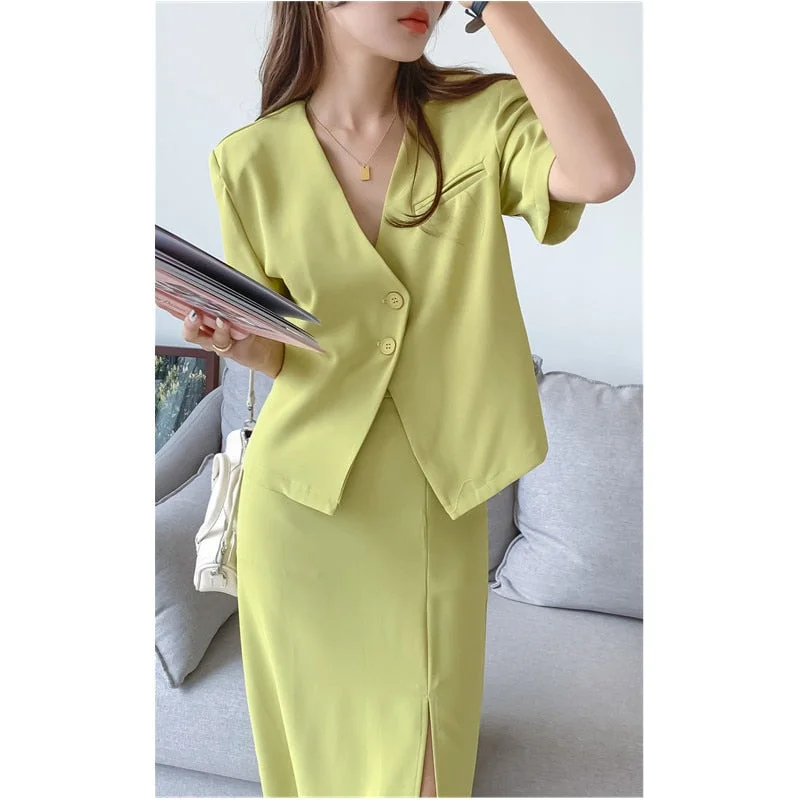 Real S2022 Summer Korean V-Neck Casual Suit Jacket + Skirt Female Nylon Fabric Polyester Fabric Spandex Fabric Real S2022 Summer Korean V-Neck Casual Suit Jacket + Skirt Female Nylon Fabric Polyester Fabric Spandex Fabric