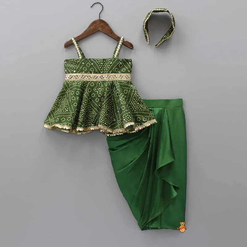 Faux Mirror Work Mehendi Green Top And Stylish Dhoti Skirt With Matching Hair Band silk skirt smooth