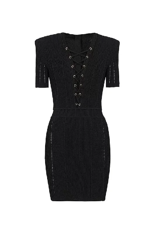 Luxury Lace Up Plunge Short Sleeve Pointelle Ribbed Knit Sweater Mini Dress Zippered Front Buttoned Front Snap Front Luxury Lace Up Plunge Short Sleeve Pointelle Ribbed Knit Sweater Mini Dress Zippered Front Buttoned Front Snap Front