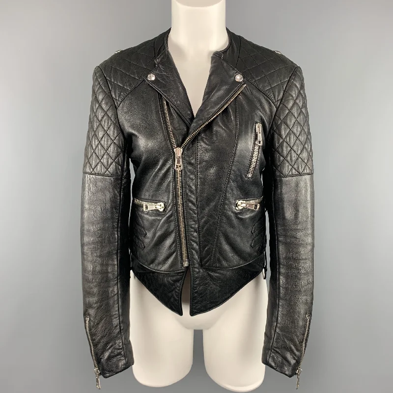 BALENCIAGA Size 8 Black Quilted Leather Biker Moto Jacket Oversized Jacket Tailored Jacket Straight Jacket BALENCIAGA Size 8 Black Quilted Leather Biker Moto Jacket Oversized Jacket Tailored Jacket Straight Jacket