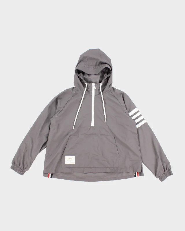 Womens Stone Grey Thom Browne Hooded Windbreaker Jacket - XS Satin Jacket Silk Jacket Chiffon Jacket Womens Stone Grey Thom Browne Hooded Windbreaker Jacket - XS Satin Jacket Silk Jacket Chiffon Jacket