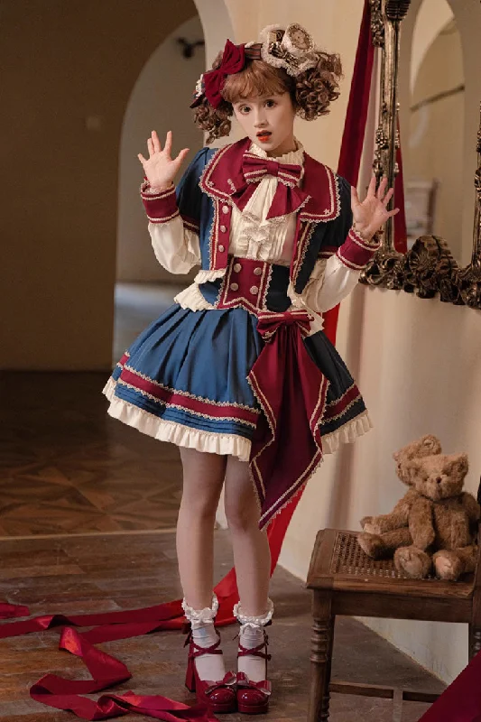Red/White/Blue Star Idol Round Collar Ruffle Bowknot Sweet Princess Lolita Skirt Full Set denim skirt casual