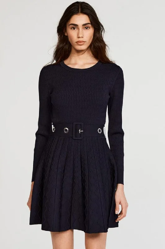 Long Sleeve Ribbed Sweater Winter Skater Mini Dress - Navy Blue Knit Fabric Woven Fabric Fleece Fabric Long Sleeve Ribbed Sweater Winter Skater Mini Dress - Navy Blue Knit Fabric Woven Fabric Fleece Fabric
