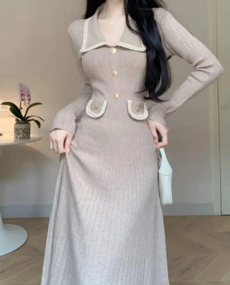 Autumn Winter Long Sleeve Knitting Midi Dress Women Fashion Turn Down Collar Button Sweater Clothes Female Soft Ribbed Jumper Seamless Knitted Crochet Autumn Winter Long Sleeve Knitting Midi Dress Women Fashion Turn Down Collar Button Sweater Clothes Female Soft Ribbed Jumper Seamless Knitted Crochet