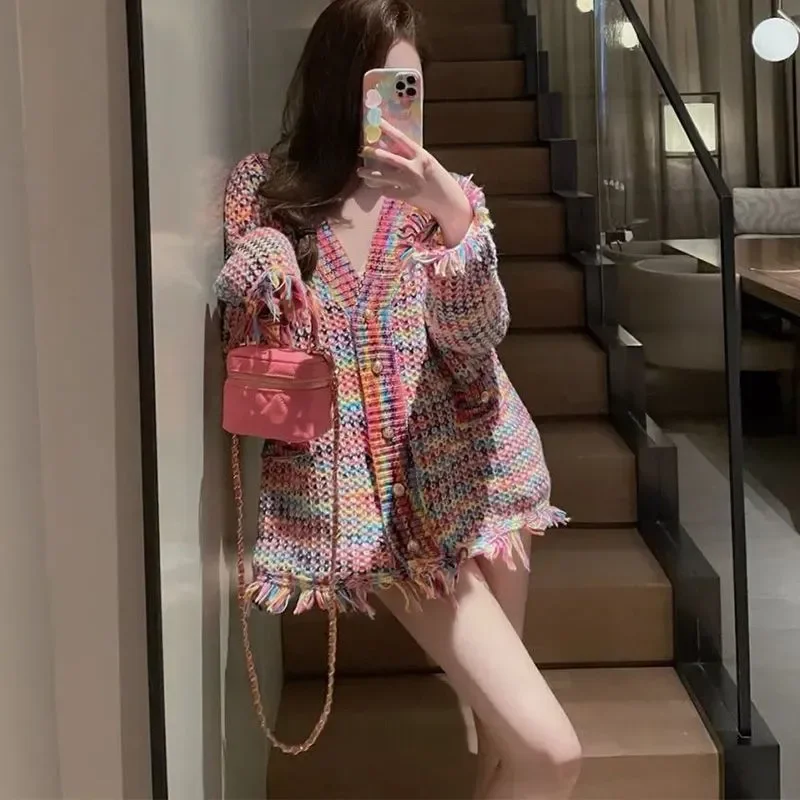 Women Fashion Rainbow Knit Tassel Sweater Collar Knit Loose Top Bright Pastel Dark