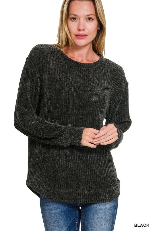 Its Over My Head Black Chenille Waffle Sweater Thin Thick Dense