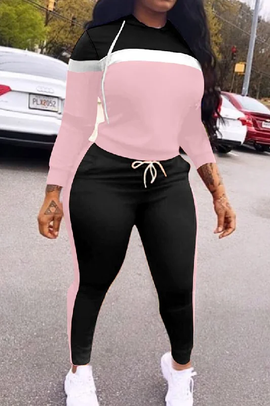 Colorblock Long Sleeve Top & Drawstring Waist Pants Set Fashionable Button-Up Pants