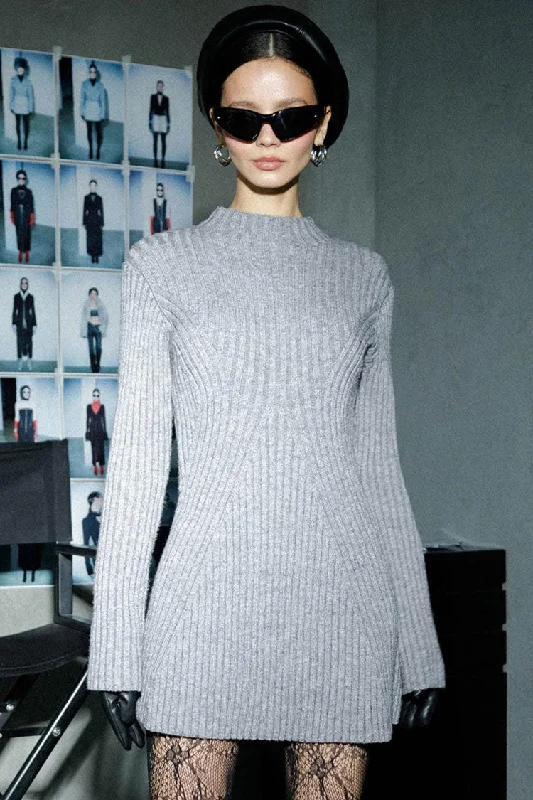 French Style Mock Neck Long Sleeve Chunky Rib Knit Winter Sweater Mini Dress - Gray Ribbed Striped Patterned French Style Mock Neck Long Sleeve Chunky Rib Knit Winter Sweater Mini Dress - Gray Ribbed Striped Patterned