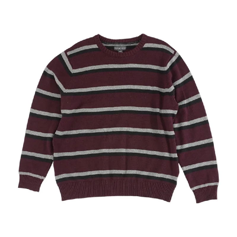 Burgundy Striped Crewneck Sweater Solid Print Embellished