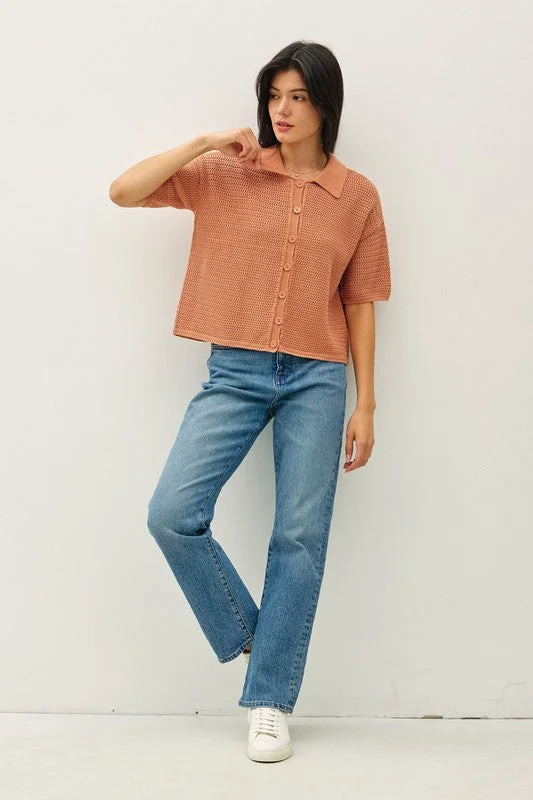 Get Hooked Dusty Peach Boxy Crochet Button Sweater Top Sweater Knitwear Pullover