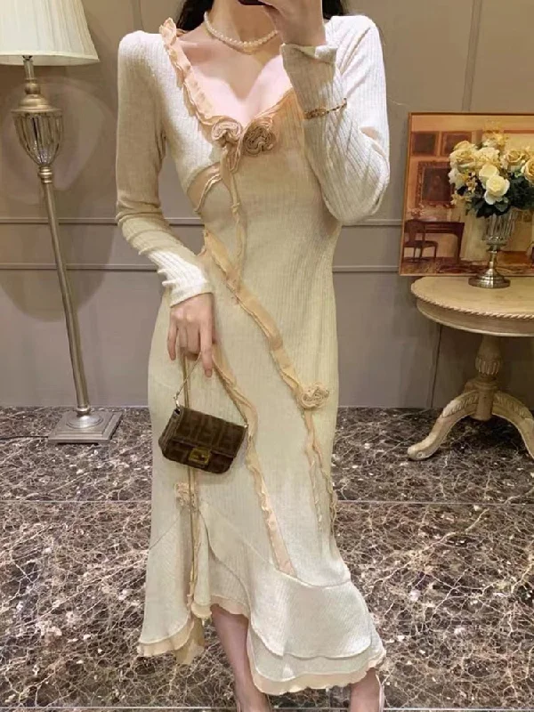 Spring Women Long Dress Fashion Three-dimensional Decoration Ruffle Knitted Dresses Slim Temperament Sweater Dress Thin Thick Dense Spring Women Long Dress Fashion Three-dimensional Decoration Ruffle Knitted Dresses Slim Temperament Sweater Dress Thin Thick Dense