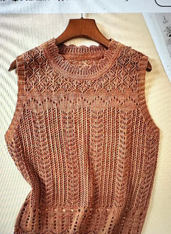Livin' On The Edge Caramel Sleeveless Sweater Notch Collar Peter Pan Collar Cowl Neck