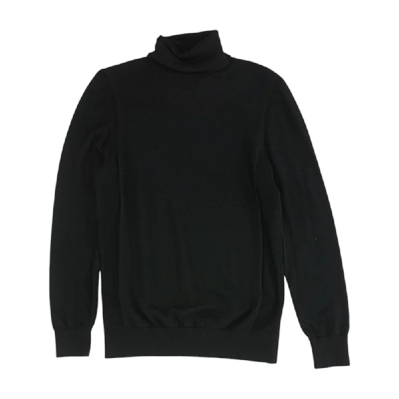Black Solid Turtleneck Sweater Mesh Blend Leather Blend Suede Blend