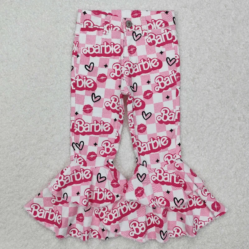 Baby Girl Valentines Checkered Hearts Pink Doll Denim Bell Pants Trendy Work Pants