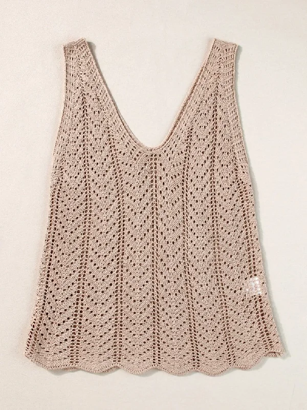 Pale Khaki Crochet Knit Sleeveless V-Neck Sweater Vest Fitted Loose Oversized