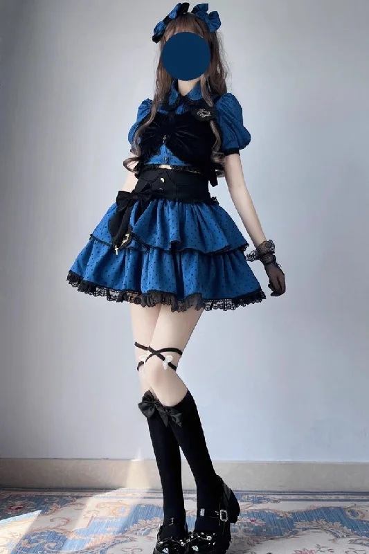 Blue/Black Multi-Layer Polka Dot Print Bowknot Princess Sweet Lolita Skirt Set chiffon skirt lightweight Blue/Black Multi-Layer Polka Dot Print Bowknot Princess Sweet Lolita Skirt Set chiffon skirt lightweight