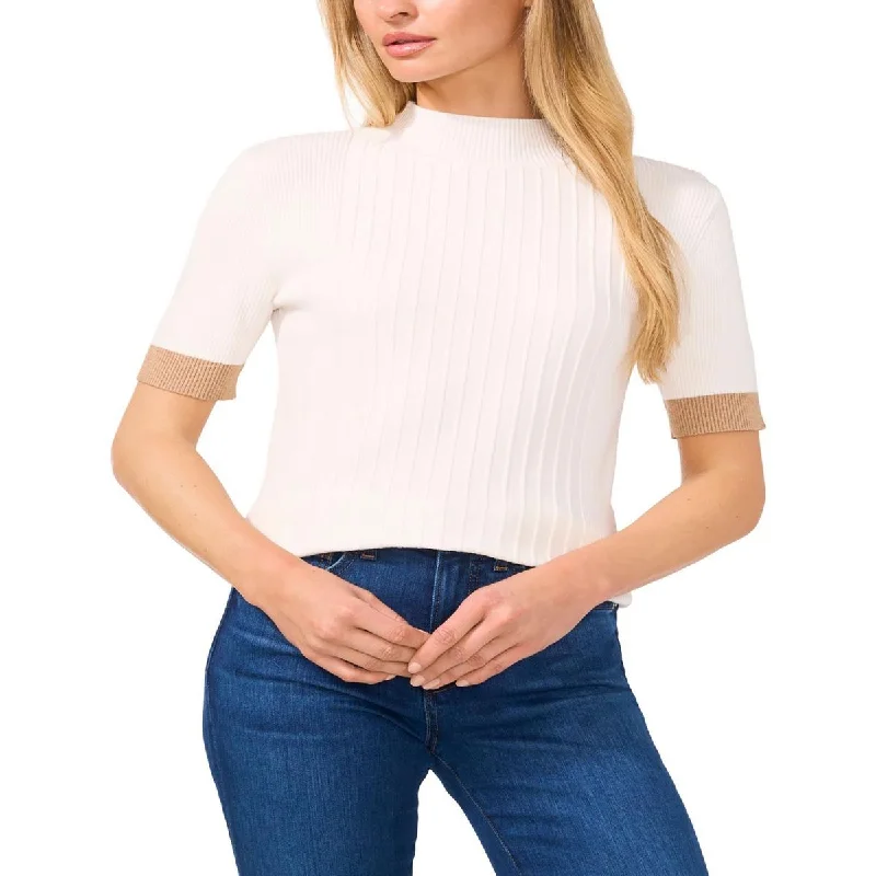CeCe Womens Ribbed Knit Mock Turtleneck Sweater Glossy Satin Silk
