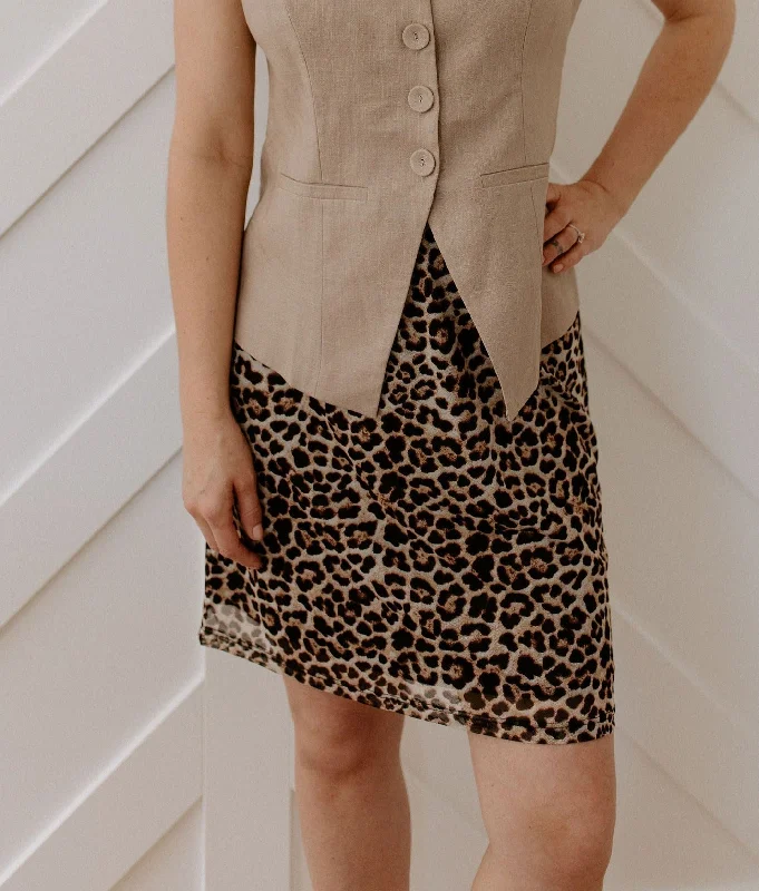 The Cecilia Leopard Mesh Knee Skirt by NLT belted skirt waist